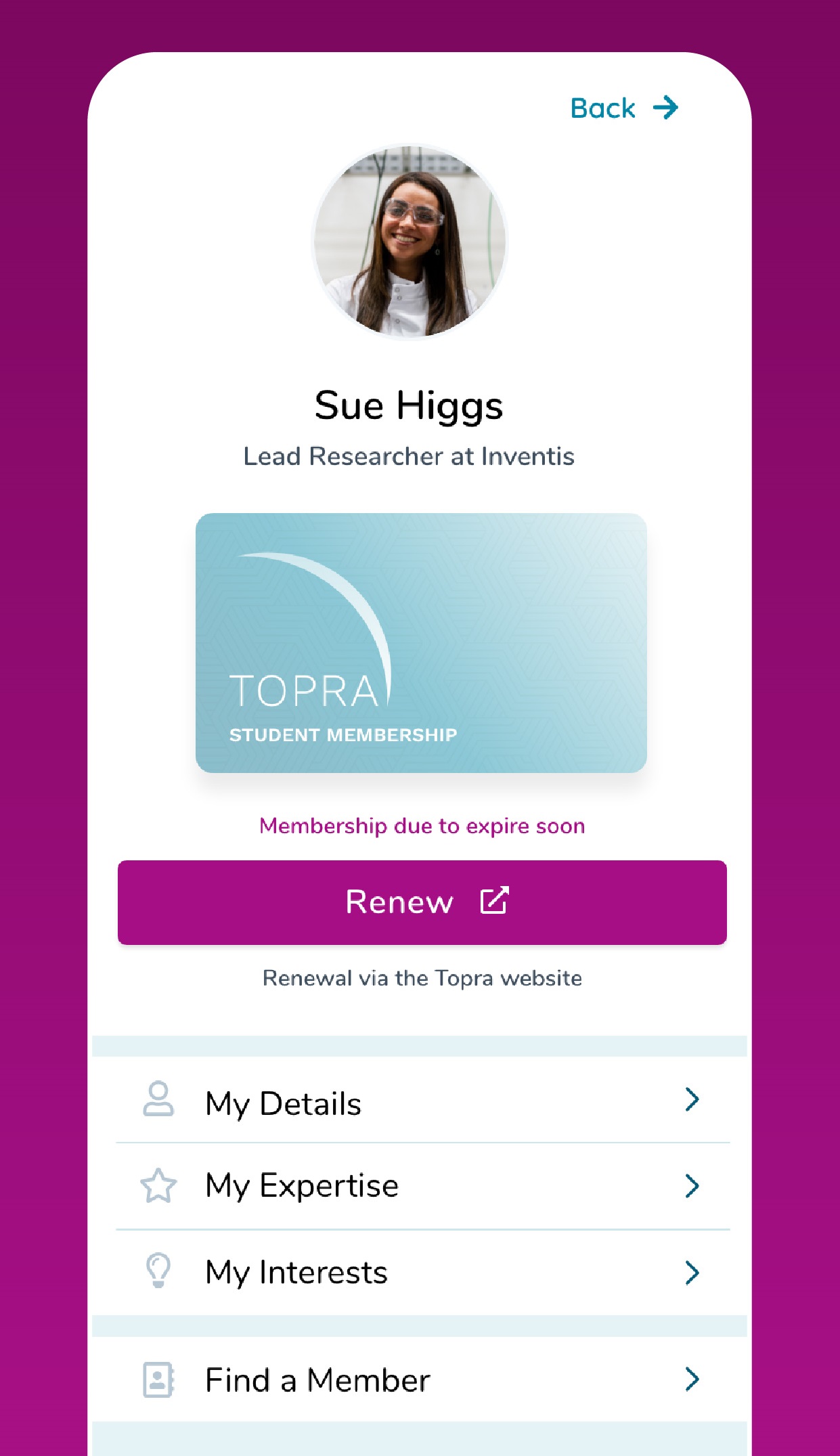 TOPRA Engage app Account page